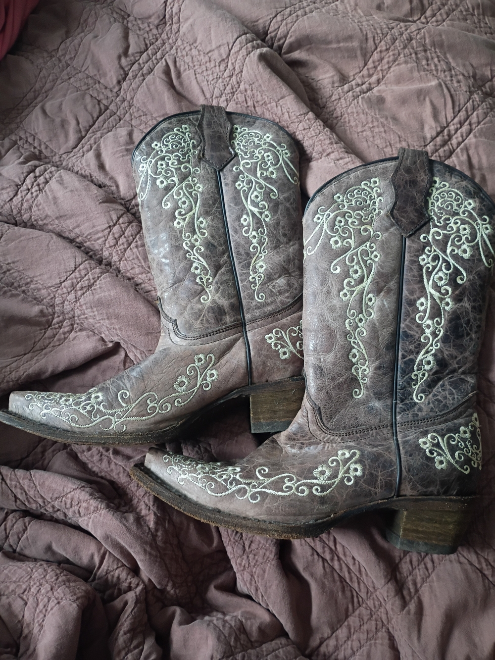 Corral Brown Embroidered Western Boot Pair with Cream Scrollwork